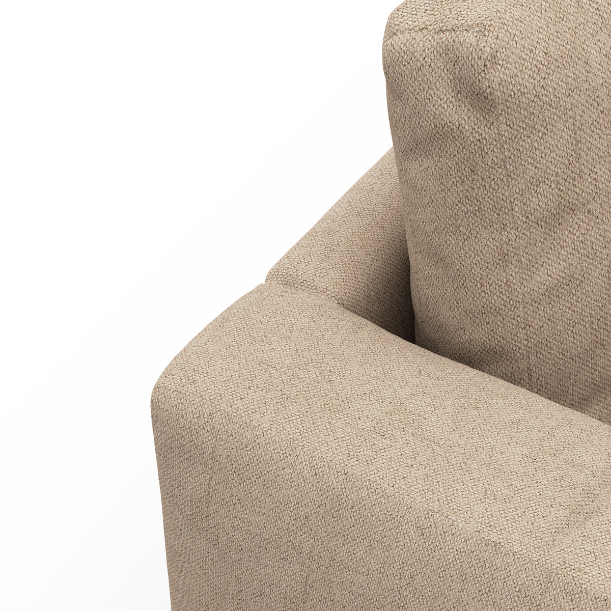 Närbild på beige textilsoffa med armlän och ryggkudde mot vit bakgrund.