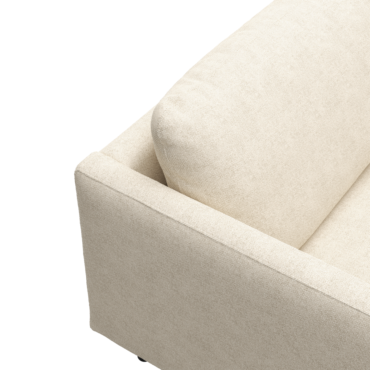 Närbild på en beige soffa med armstöd och ryggkudde, frilagd mot vit bakgrund.