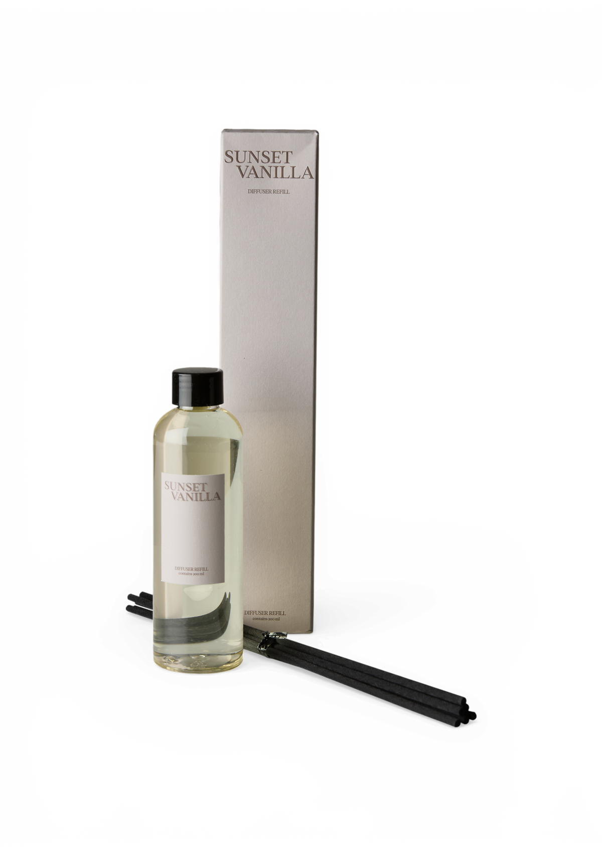 "Sunset Vanilla" diffuser refill med svarta doftpinnar och förpackning.