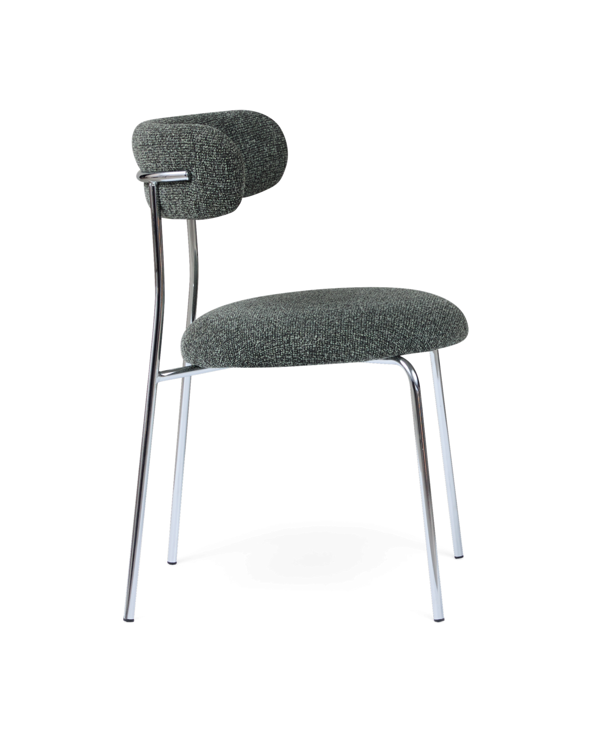 Modern stol med kromade ben och gråmelerad, rund sits och cylinderformad rygg.