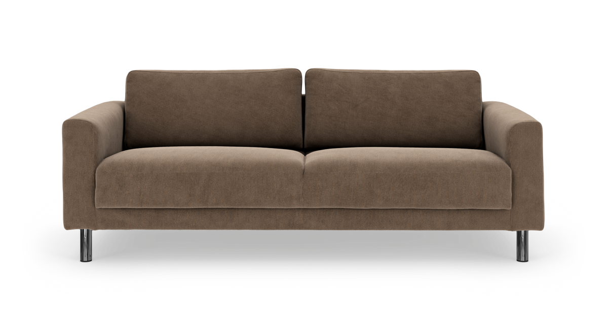 Brun 3‑sits soffa med kromben, frontvy