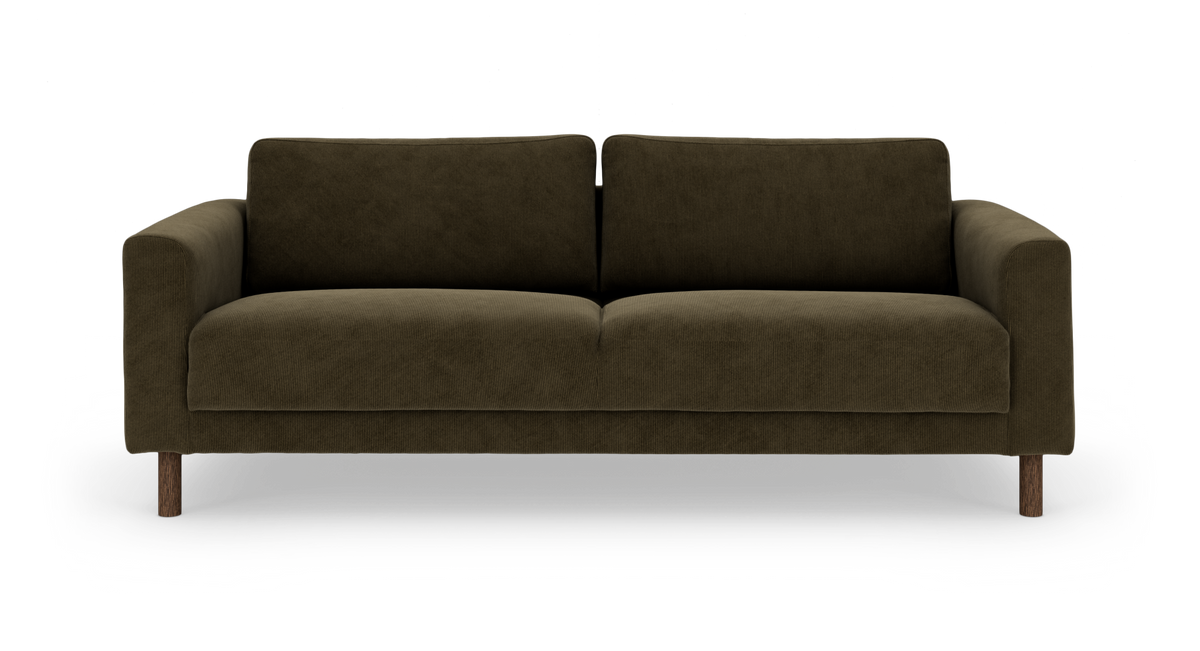 Mörk olivgrön 3‑sits soffa med runda armstöd och träben, frontvy på vit bakgrund.