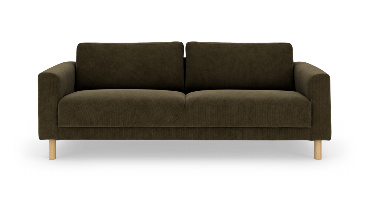 Mörk olivgrön 3-sits soffa i manchester med ljusa träben, frilagd frontvy.
