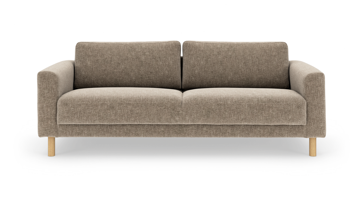 Beige tresits soffa i tyg med rundade armstöd och träben, frontvy på vit bakgrund.