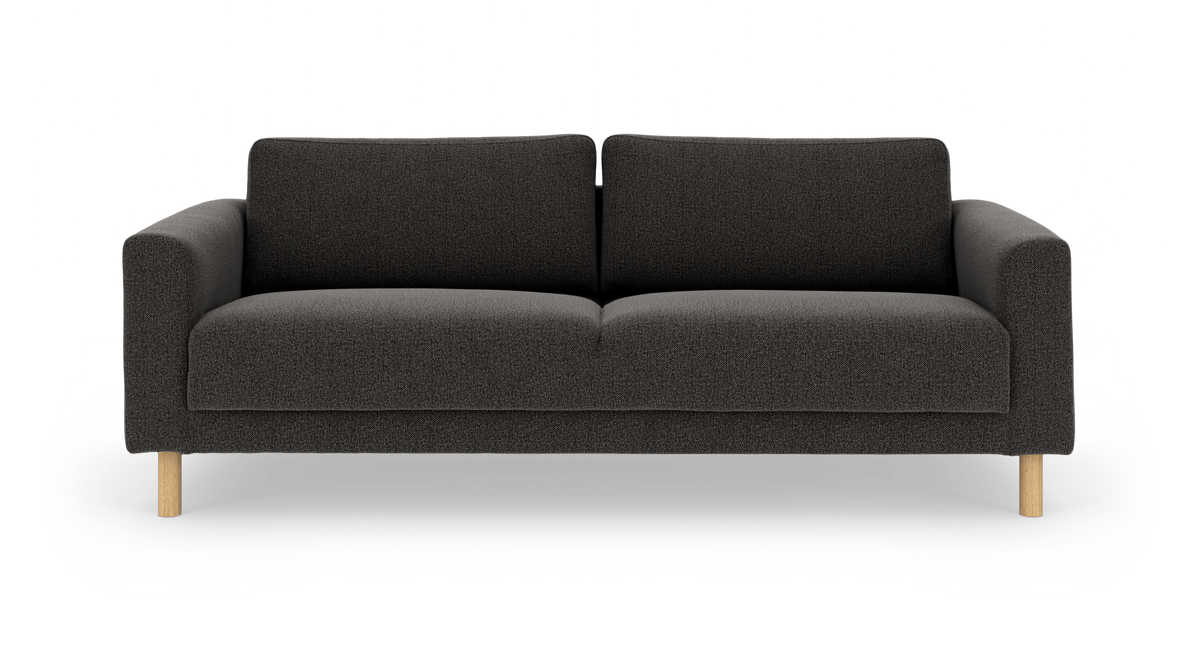 Mörkgrå 3-sits soffa med runda träben, frontvy.