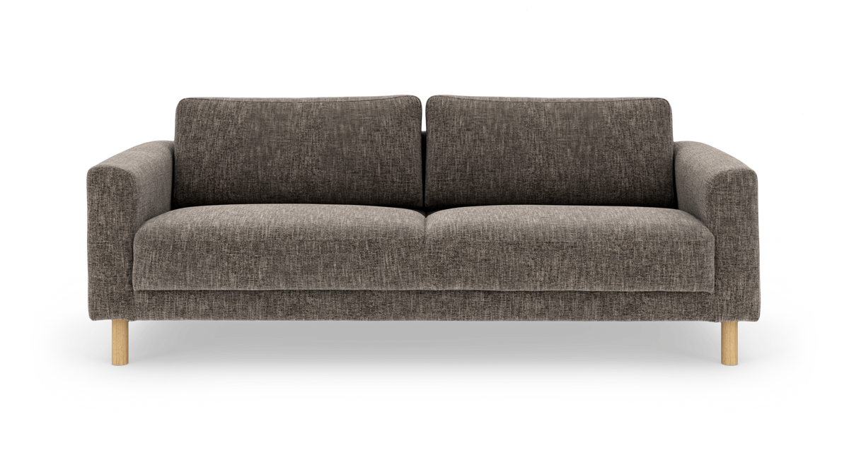 Grå 3‑sits soffa med rundade armstöd och ljusa träben, frontal produktbild.