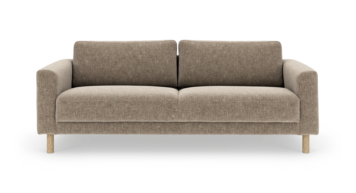 Beige 2-sits soffa i tyg med rundade armstöd och träben, frontvy.