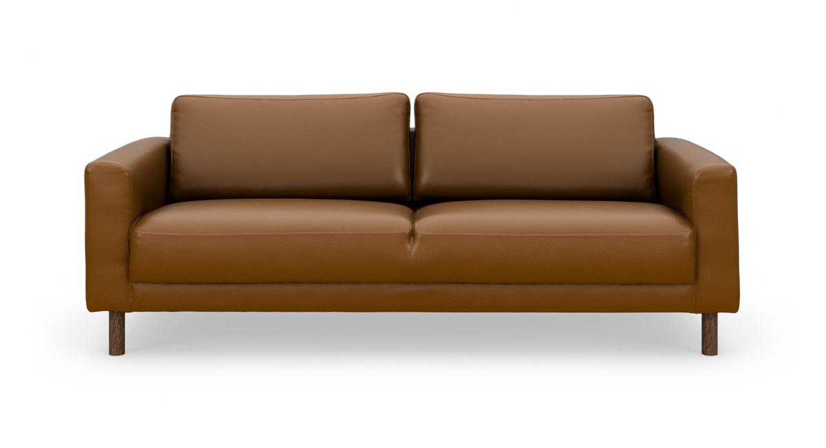 Brun lädersoffa med två sittdynor och träben, frilagd på vit bakgrund.