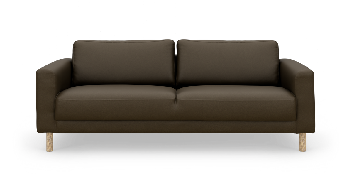 Mörkbrun 3-sits soffa med träben, frontvy på vit bakgrund.