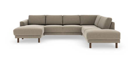 Beige U-formad modulsoffa i U-hörn med schäslonger på båda sidor och träben mot vit bakgrund.