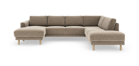 Beige modulsoffa i U‑form med träben, frilagd på vit bakgrund.
