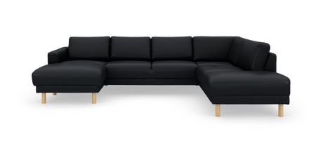 Stor U‑formad modulsoffa i svart klädsel med cylinderformade ben i ljust trä, sedd rakt fram i studio.