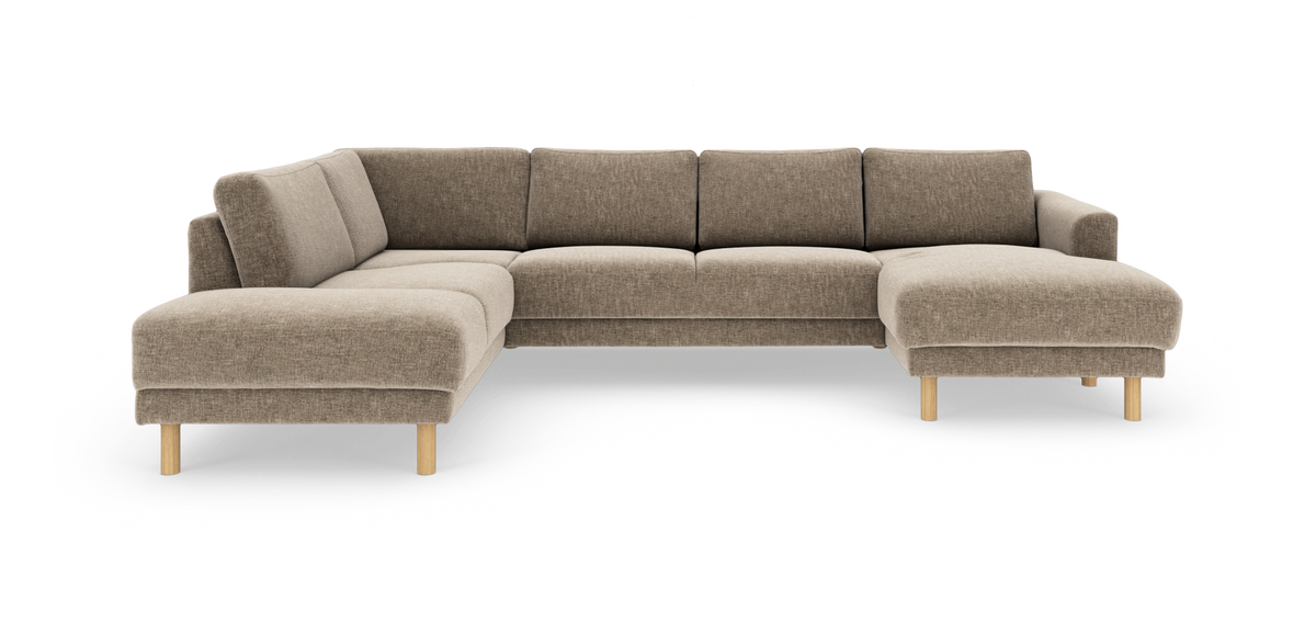 U-formad beige modulsoffa med schäslonger i båda ändar och runda träben.