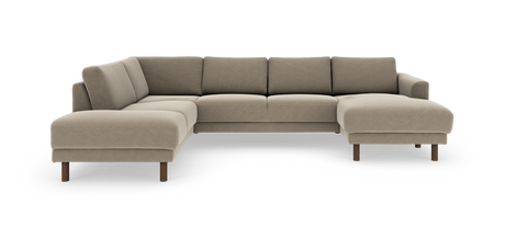 Beige modulsoffa i L-form med högersida schäslong och träben, modern och minimalistisk.
