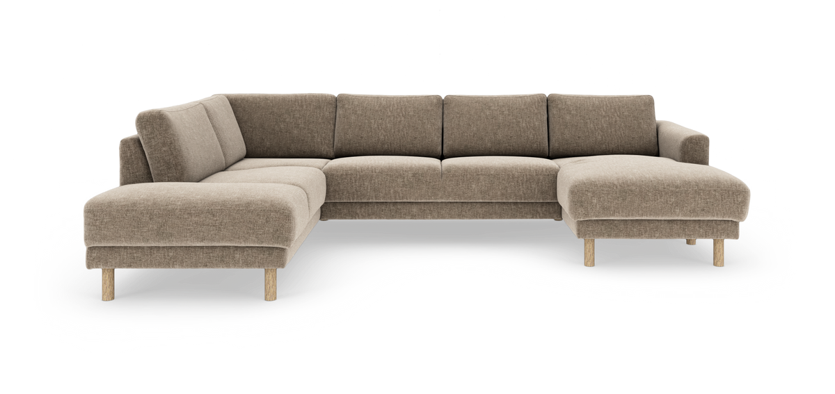 Beige L-formad modulsoffa med träben, frilagd på vit bakgrund.