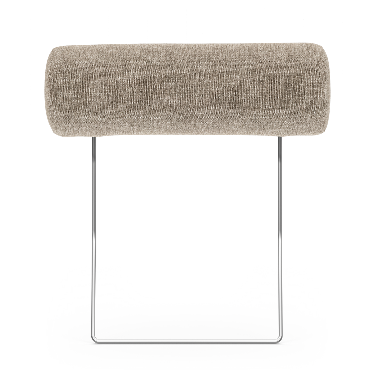 Beige cylindrisk nackkudde på kromad ställning, frilagd mot vit bakgrund.
