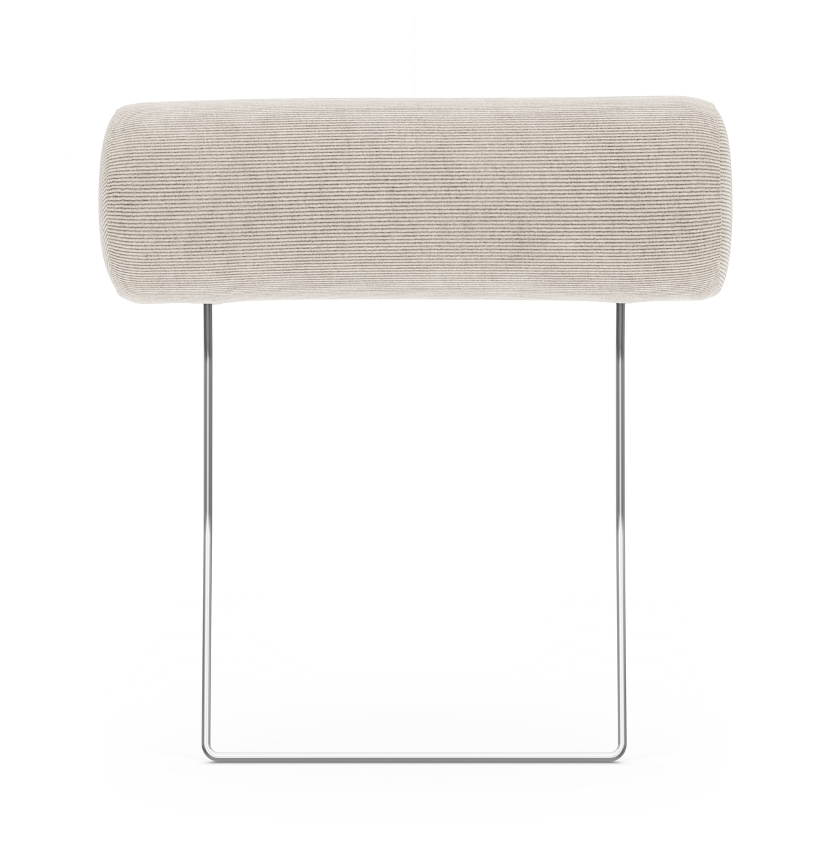 Beige cylindriskt nackstöd med ribbad klädsel på kromad bygelram, frilagt mot vit bakgrund.