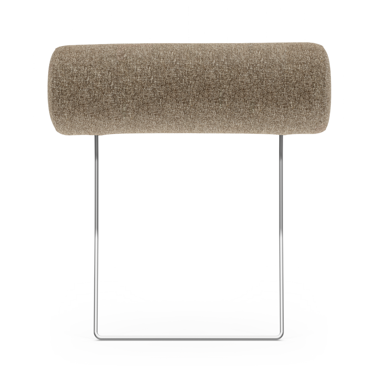 Cylindrisk polstrad pall/ottoman i beige tyg med kromad slädfot, fotad rakt framifrån på vit bakgrund.