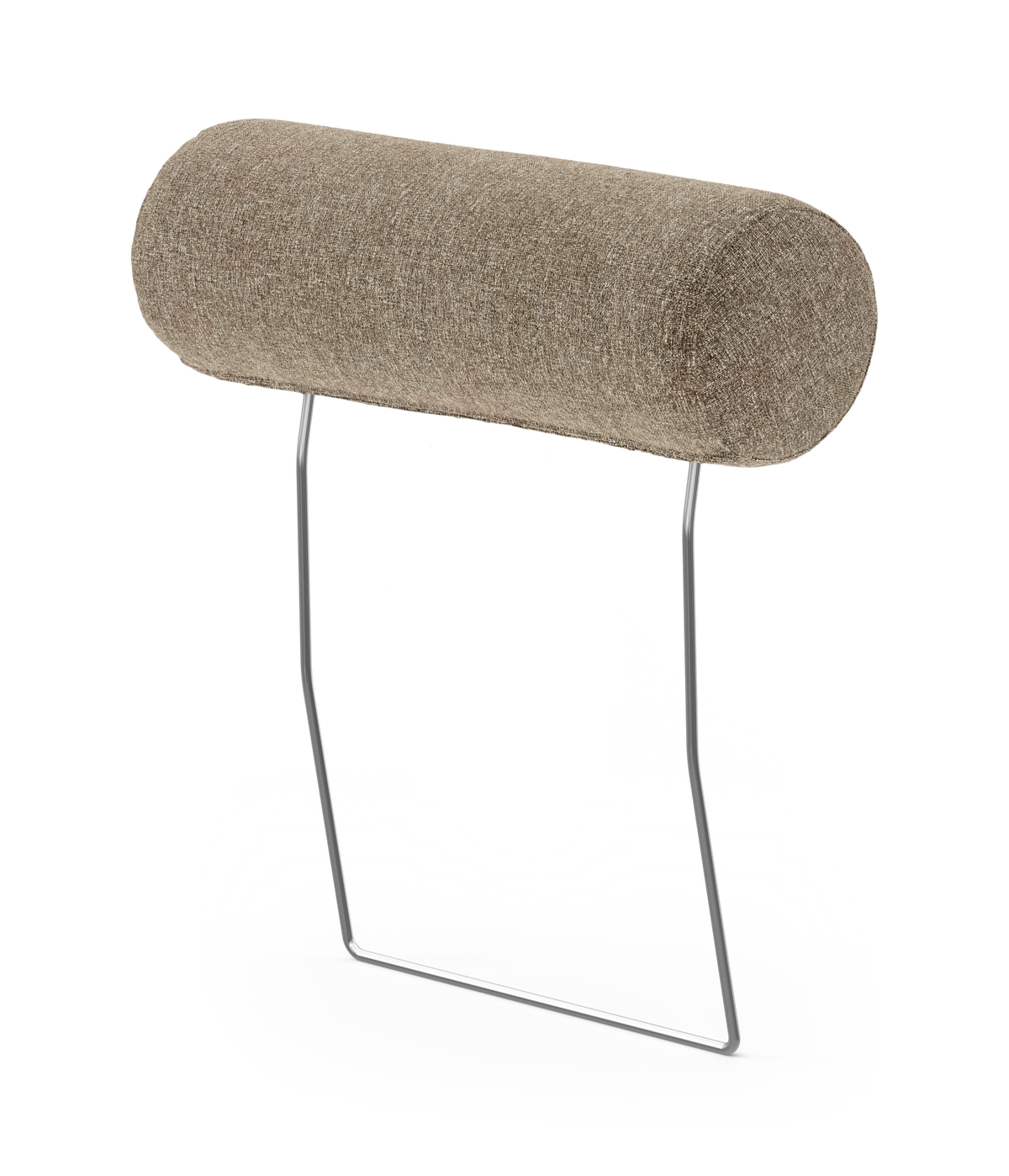Cylindriskt nackstöd i beige textil på kromad metallram, frilagd produktbild.
