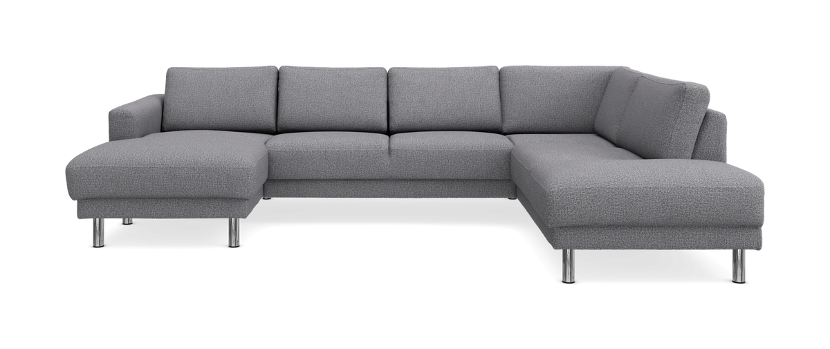 Grå L-formad modulsoffa med metallben, frilagd produktbild.