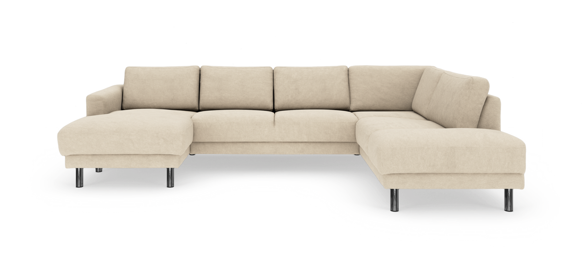 Beige L-formad modulsoffa med schäslong till vänster och kromade ben, frilagd på vit bakgrund.