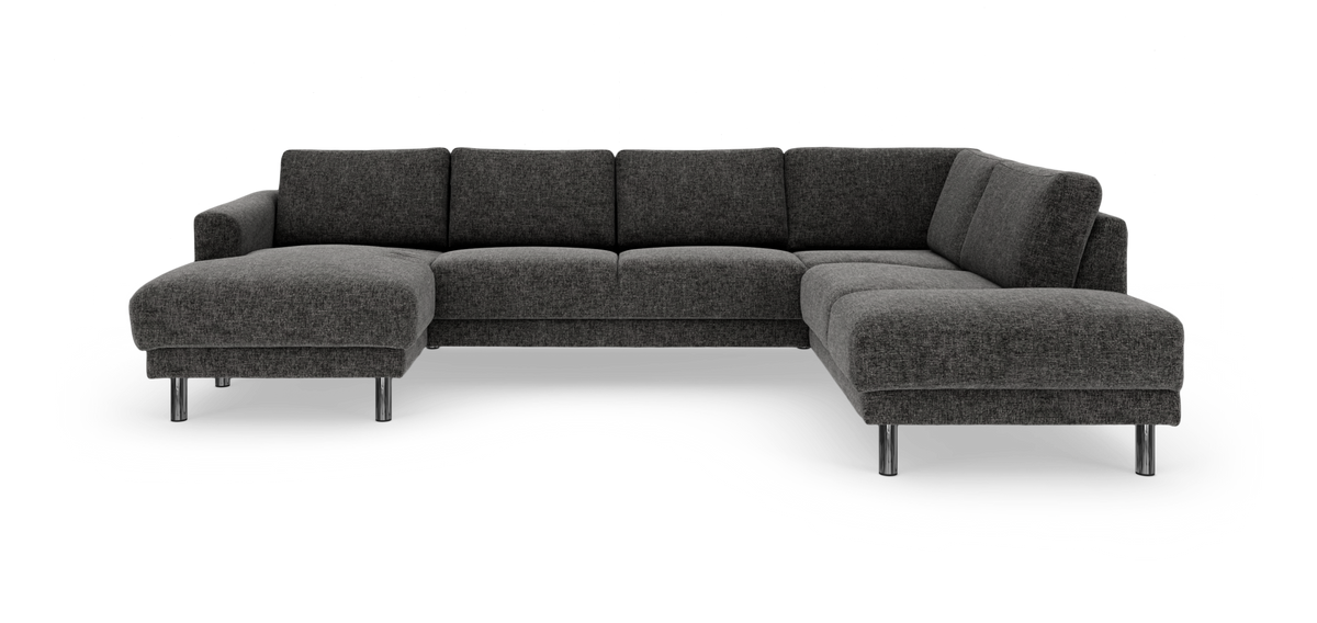 Mörkgrå L-soffa med schäslong och kromade ben, frilagd produktbild.