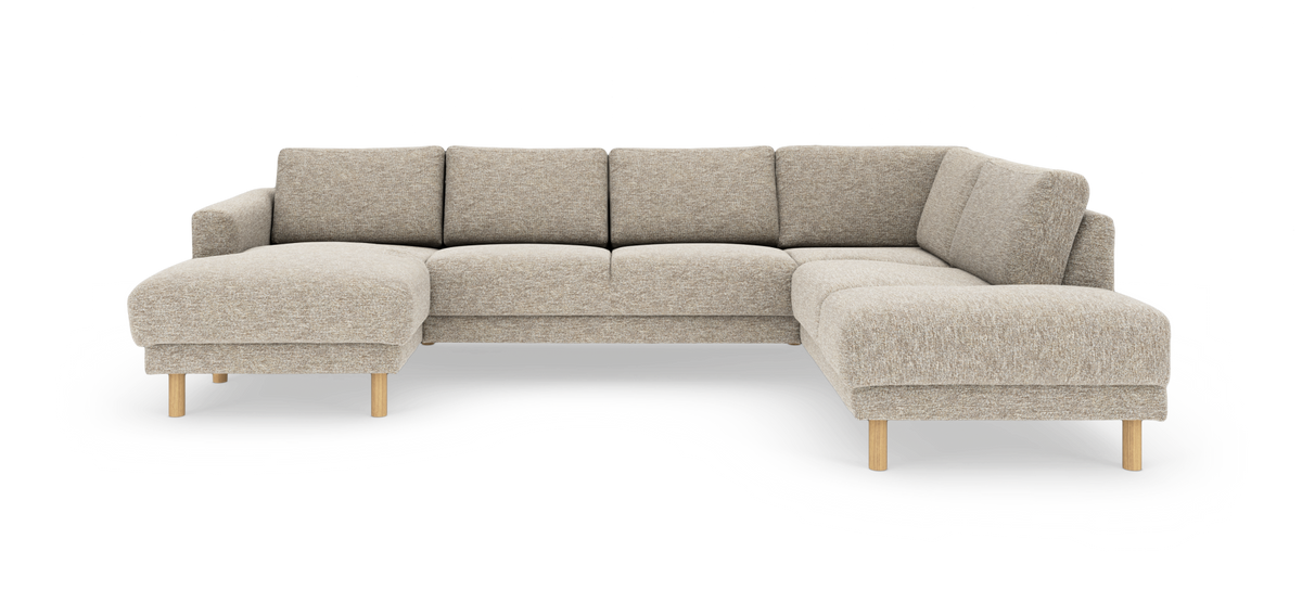 Beige U‑formad modulsoffa med schäslong till vänster och divan till höger, runda träben.