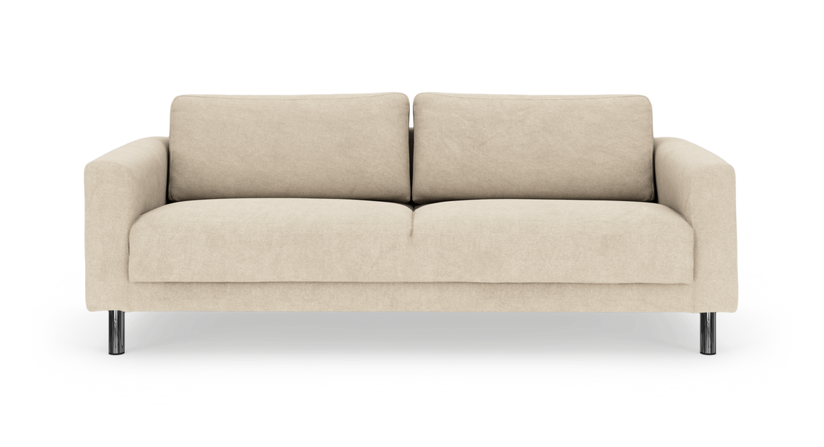 Beige tvåsitssoffa med tygklädsel och kromade ben, frontvy.