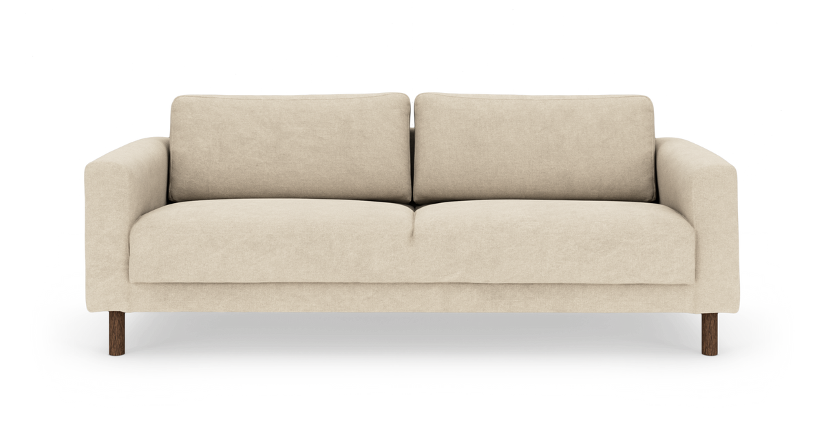 Beige tresitssoffa med träben, frontvy mot vit bakgrund.