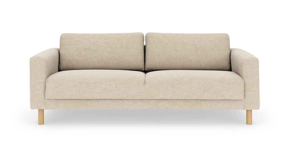 Beige tresits soffa i tyg med rundade armstöd och träben, frontvy, frilagd.