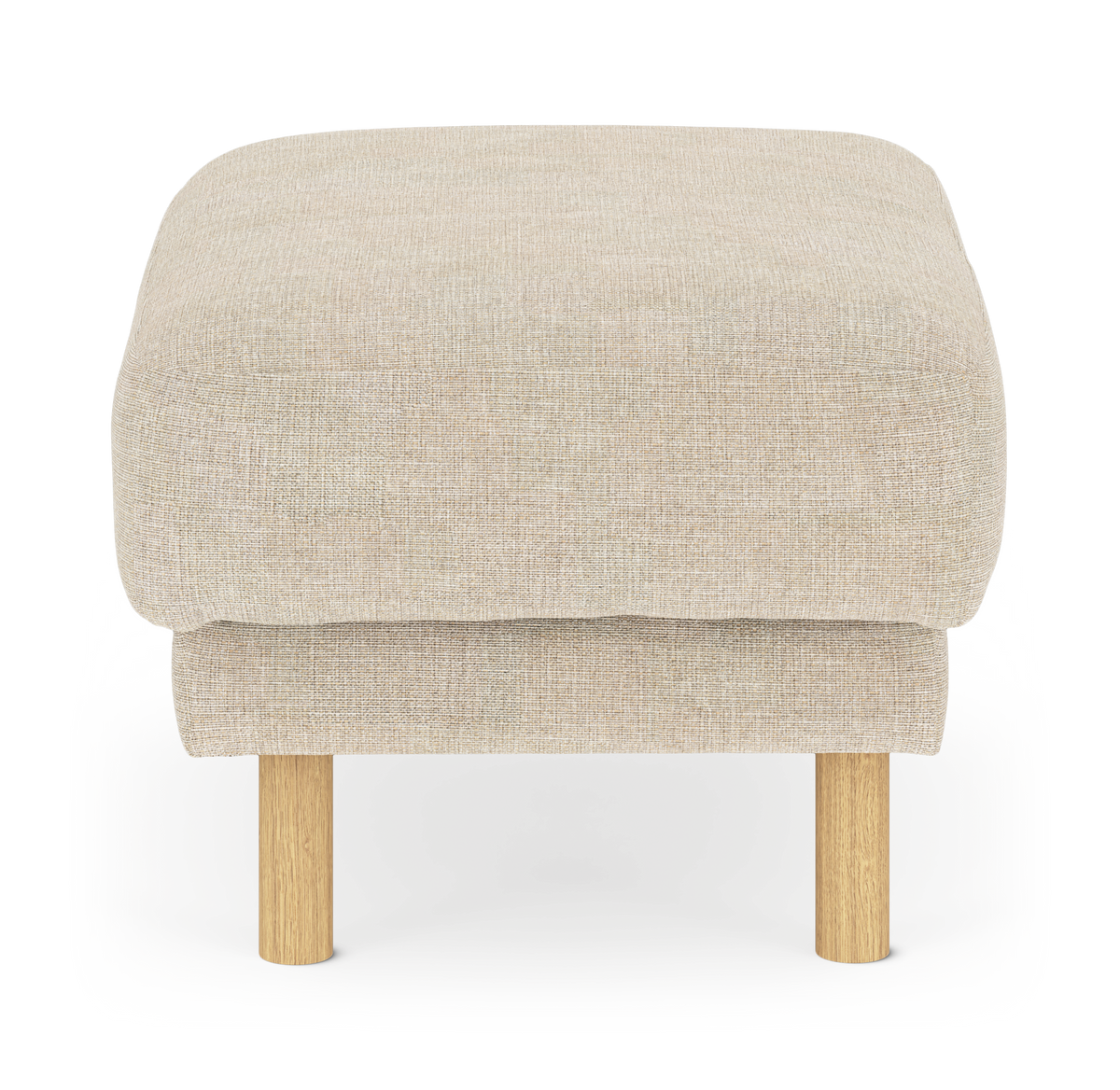 Beige stoppad puf/ottoman med runda träben, frontvy, frilagd på vit bakgrund.