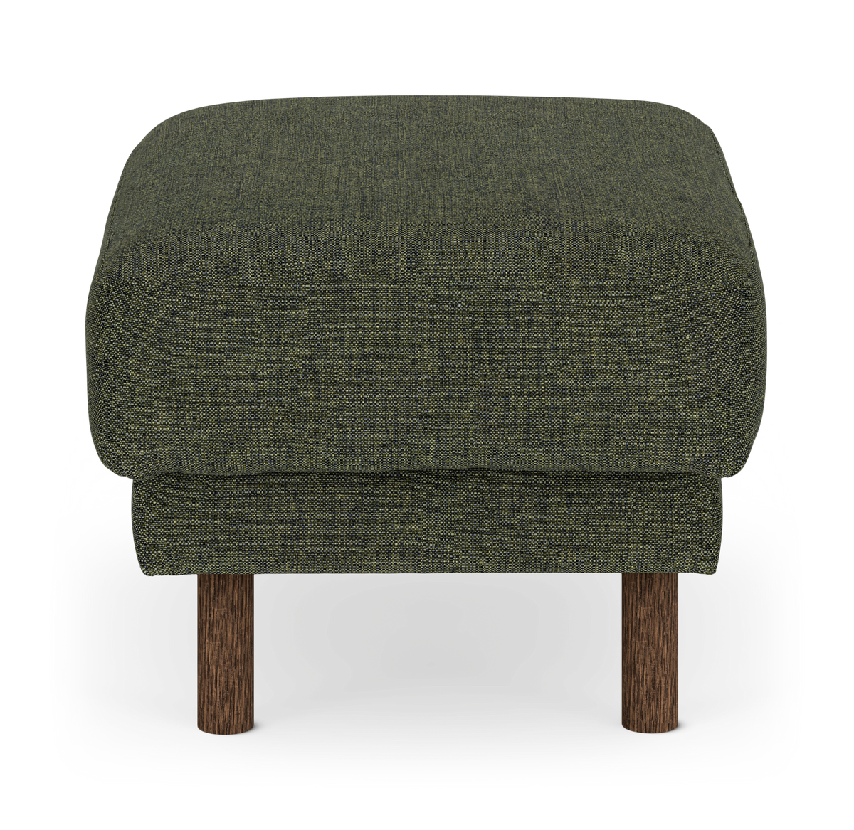 Grön textilklädd fotpall/puff med runda ben i mörkt trä, frilagd på vit bakgrund.