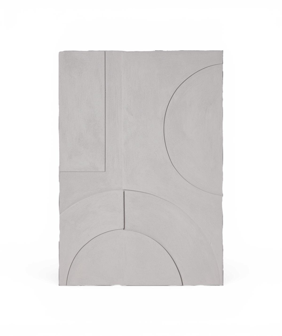 Ljusgrå geometrisk väggpanel med halvcirklar och rektangulära reliefer.