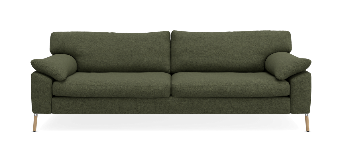 Mörkgrön tresits soffa med rundade armstöd och höga ben, frontvy på vit bakgrund.