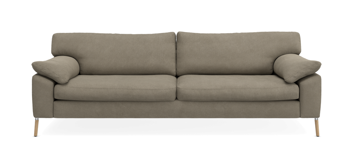 Beige 3-sitssoffa i modern, minimalistisk design på frilagd bakgrund, frontvy.