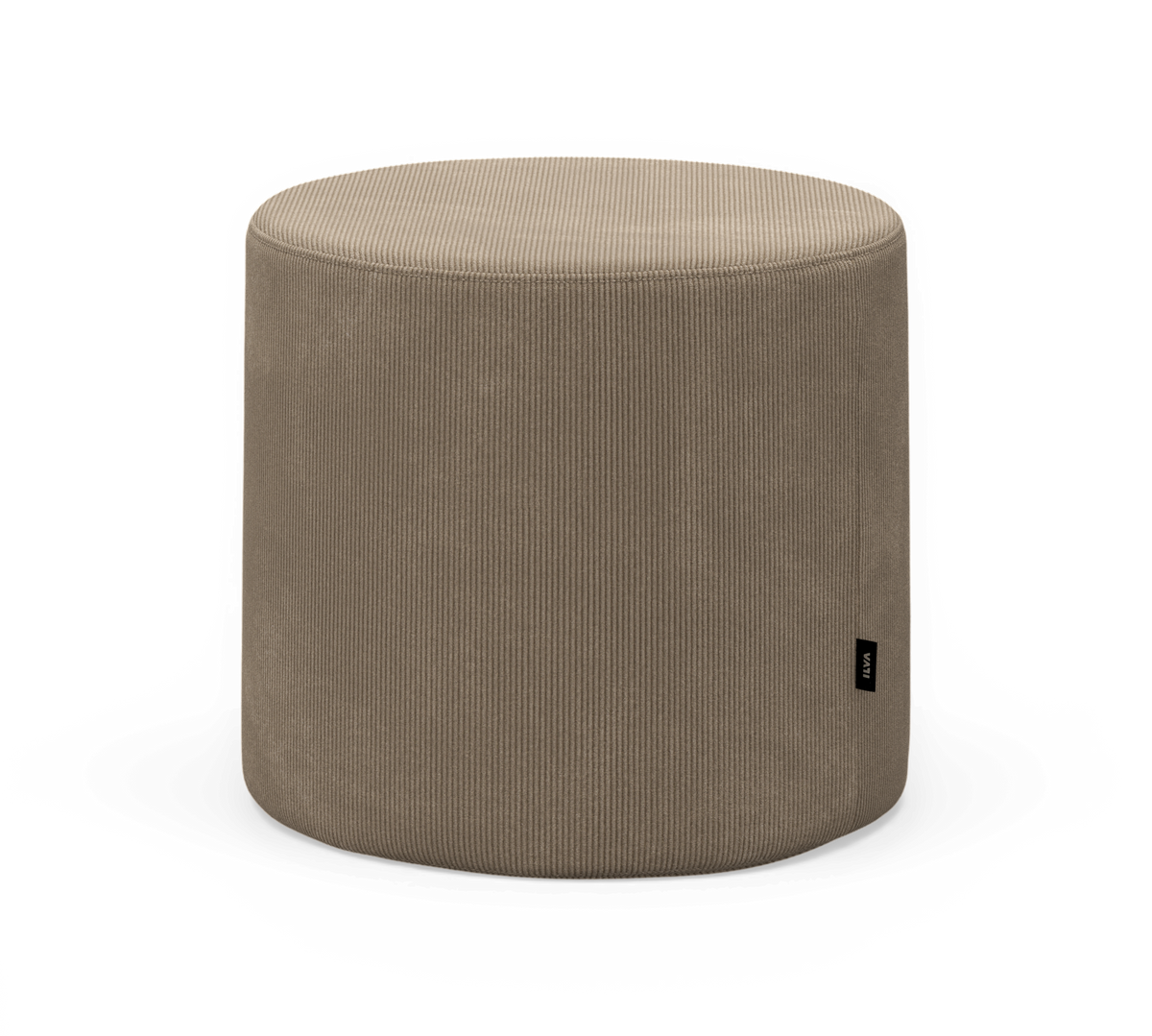 Rund beige puff i manchester med VIA-etikett, frilagd produktbild.