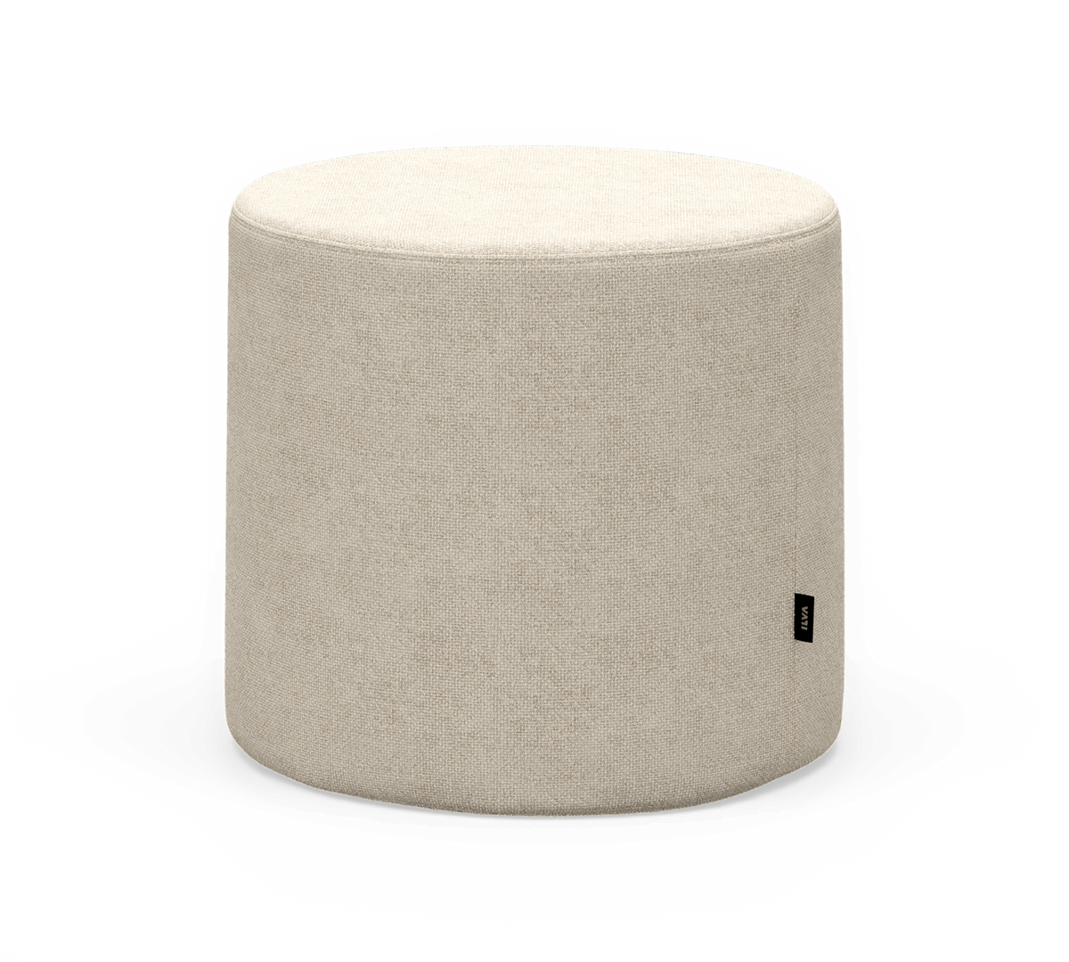 Beige cylinderformad puff/ottoman i textil.