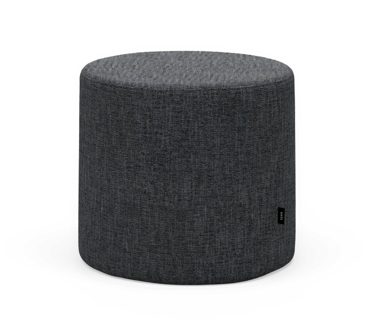 Mörkgrå rund puff/ottoman i textil, frilagd på vit bakgrund.