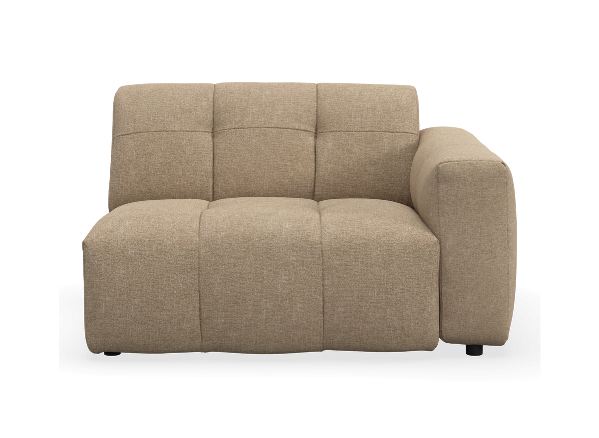 Beige modulsoffa med höger armstöd, frontvy.