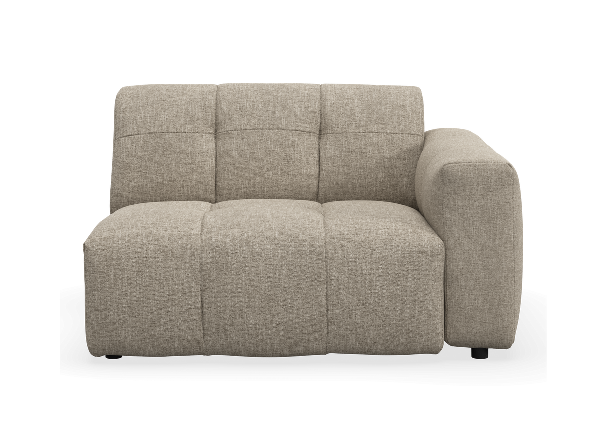 Beige tygsofamodul med höger armstöd, frontvy.