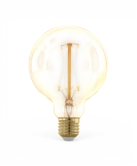 Varmt lysande LED‑glödlampa med filament, frilagd på vit bakgrund.