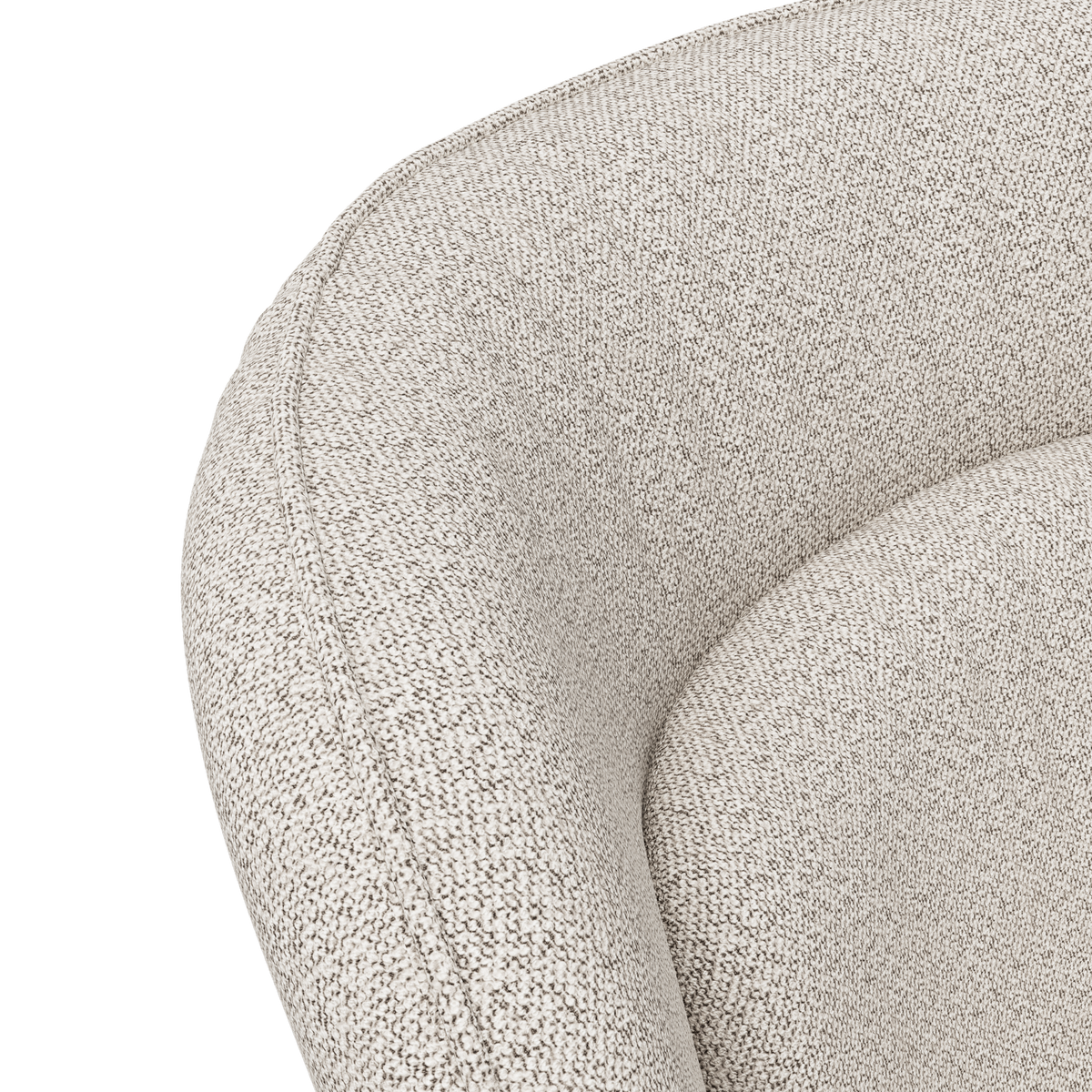 Närbild av en ljus beige, böjt rygg- och armstöd på en texturerad fåtölj.