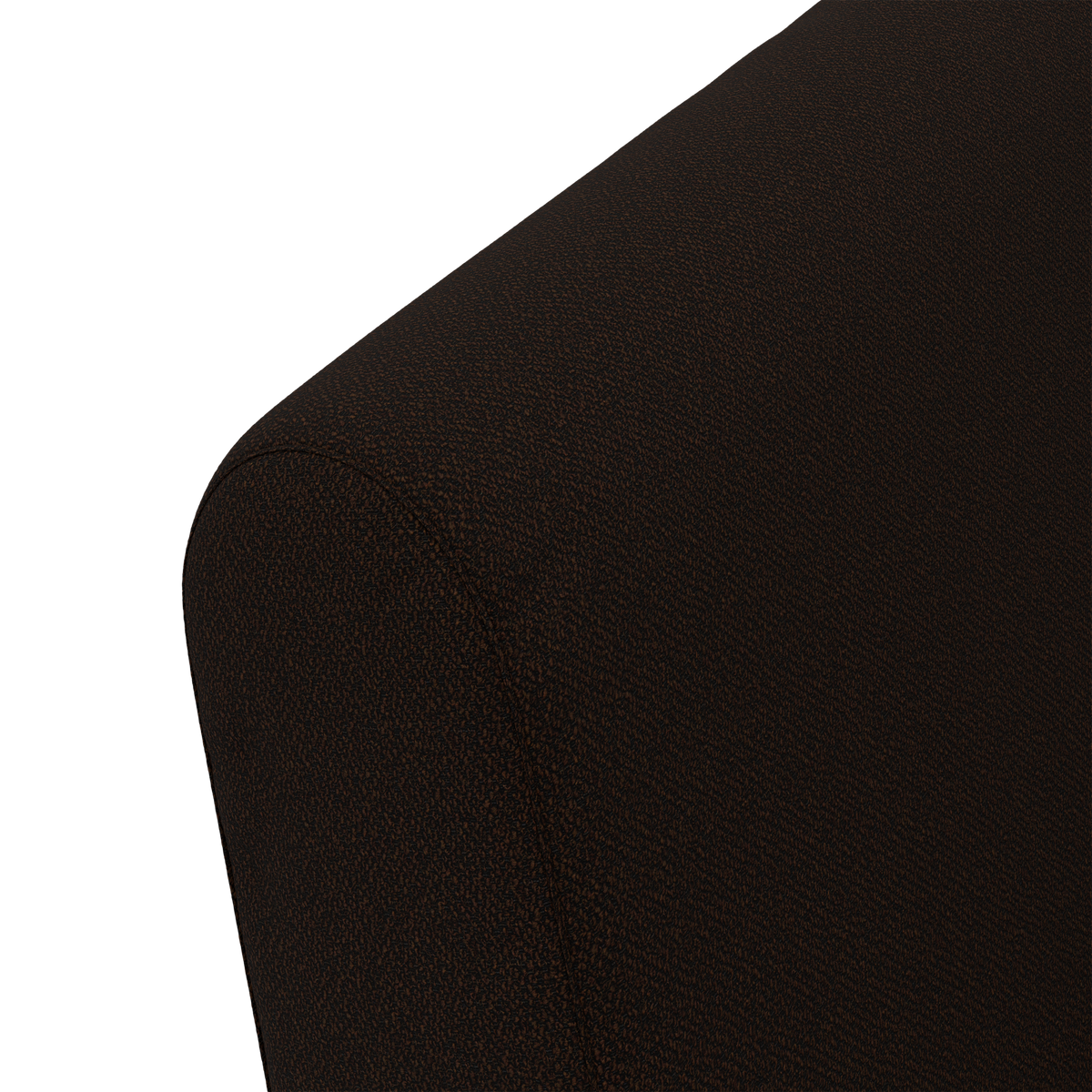 Närbild av mörkbrun texturerad soffarm i tyg med rundad kant.