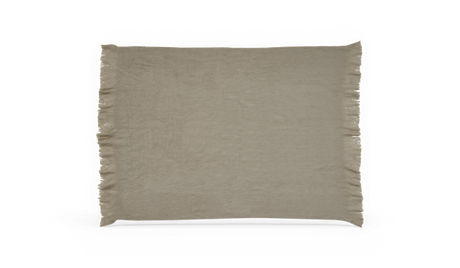 Beige pläd med fransade kanter, frilagd.