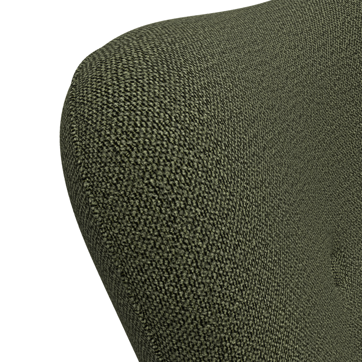 Närbild av grön, texturerad tygklädsel på en rundad stolrygg med liten knappdetalj.
