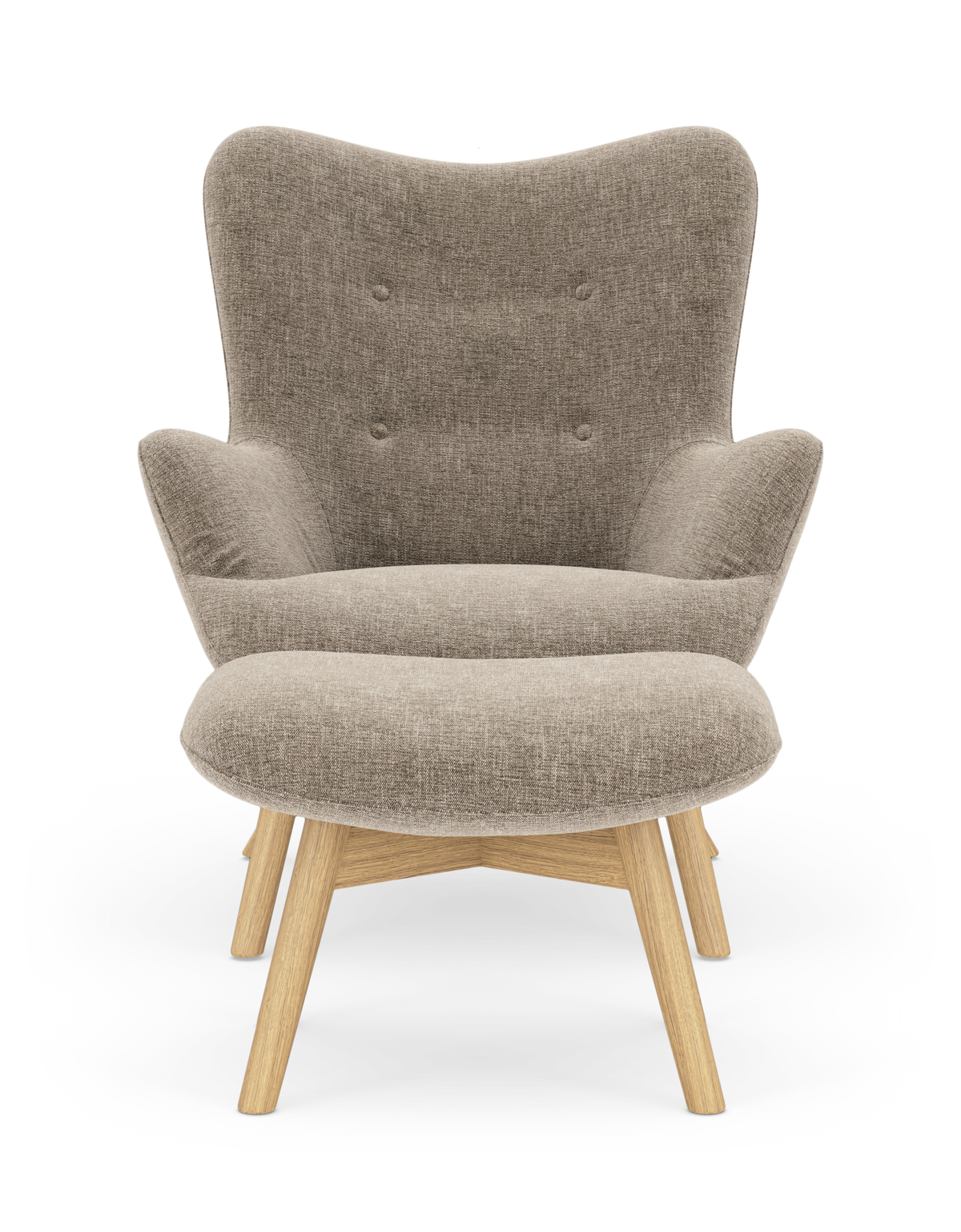 Beige fåtölj med matchande fotpall och ben i ljust trä, frilagd mot vit bakgrund.