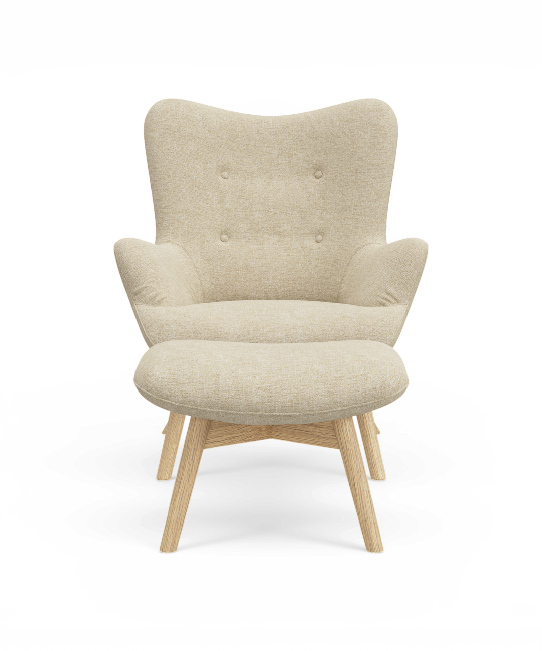 Beige stoppad fåtölj i tyg med knappad rygg och ljusa träben, frontvy i studiobelysning.