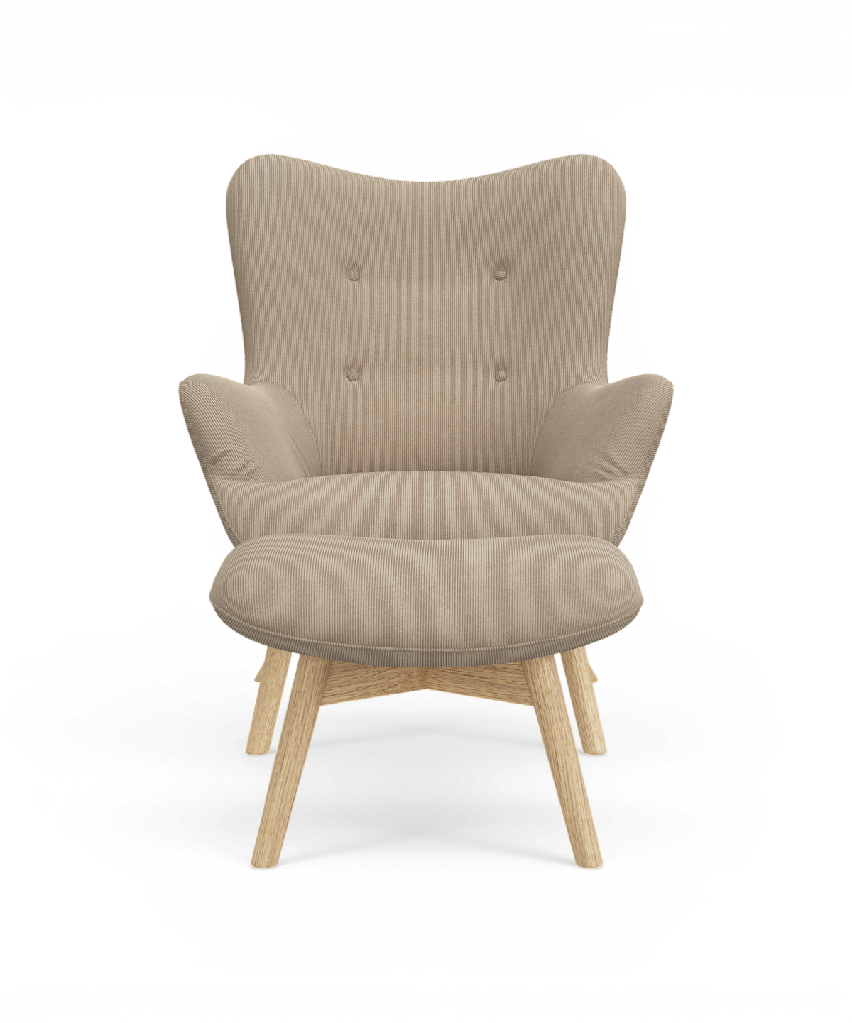 Beigefärgad loungefåtölj med träsben i frontvy.