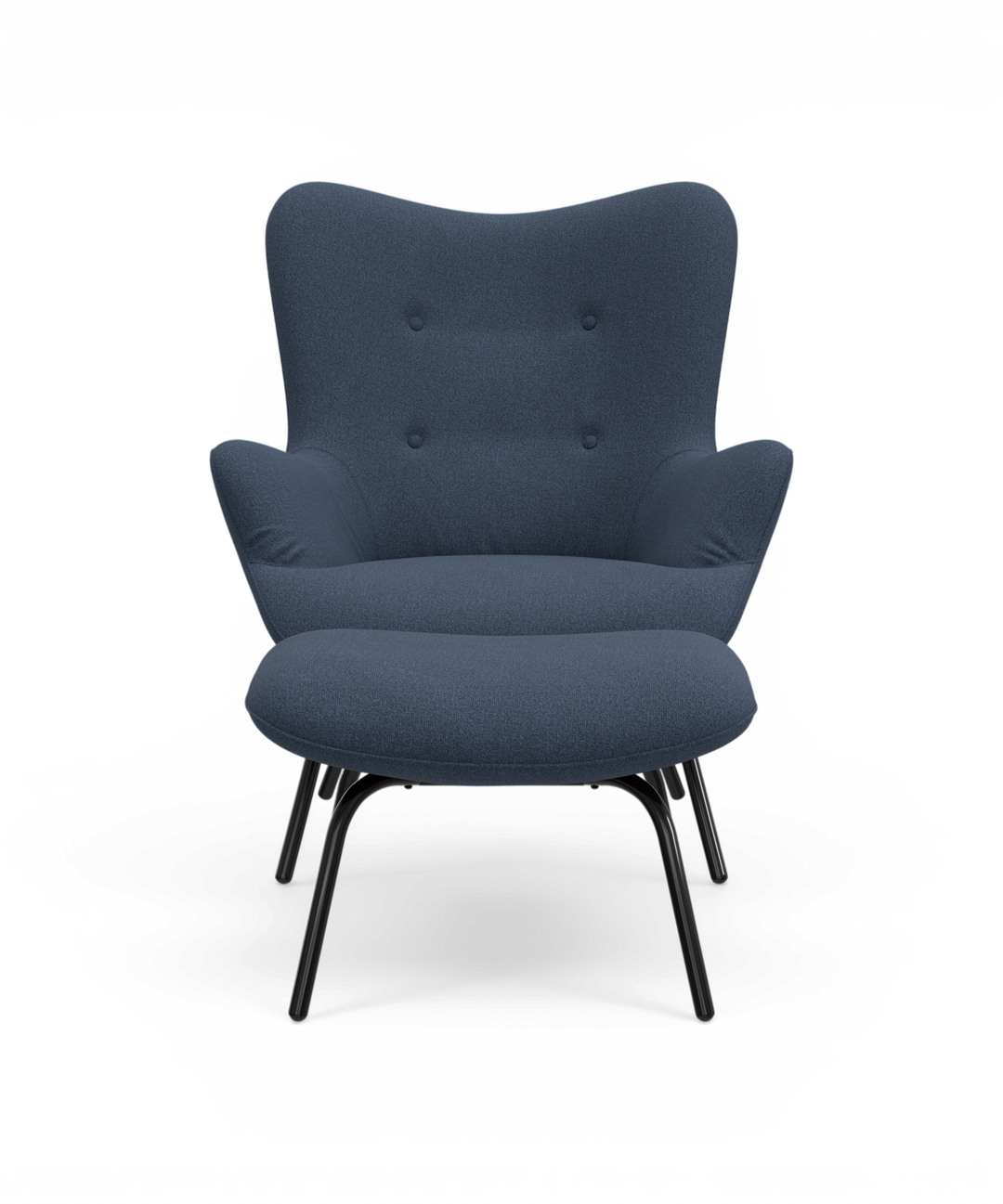 Blå loungefåtölj i textil med knappar på ryggstödet och svarta metallben, sedd rakt framifrån.
