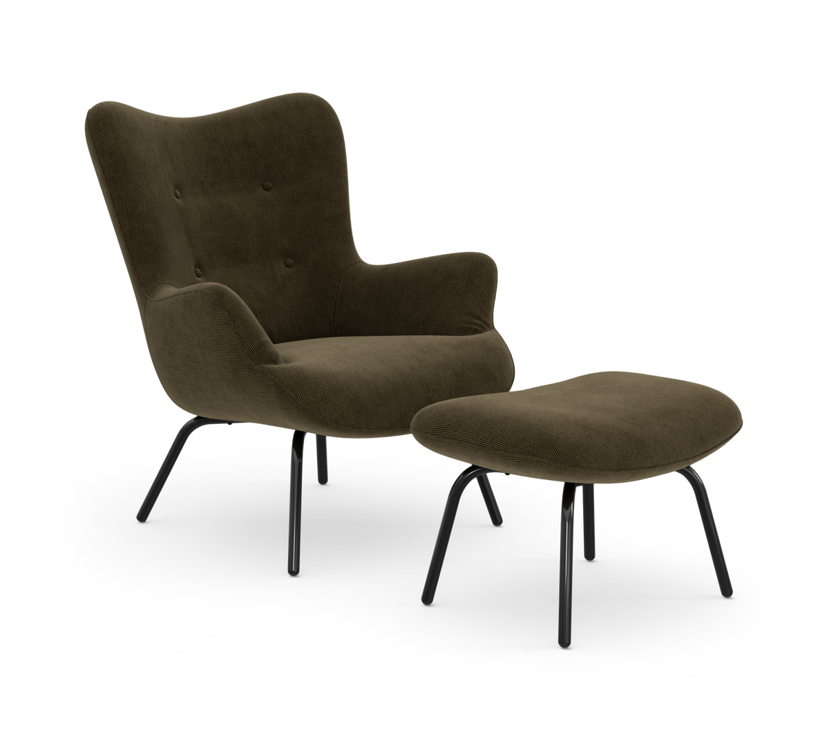 Olivgrön loungefåtölj med matchande fotpall och svarta metallben, frilagd på vit bakgrund.